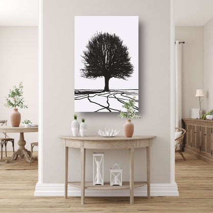 Boom silhouet met wortels in contrast canvas met baklijst