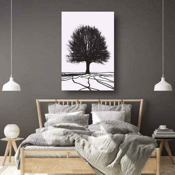 Boom silhouet met wortels in contrast canvas met baklijst