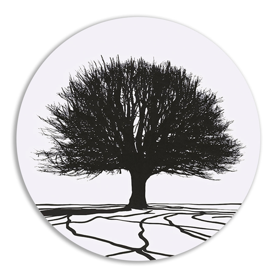 Boom silhouet met wortels in contrast aluminium muurcirkel
