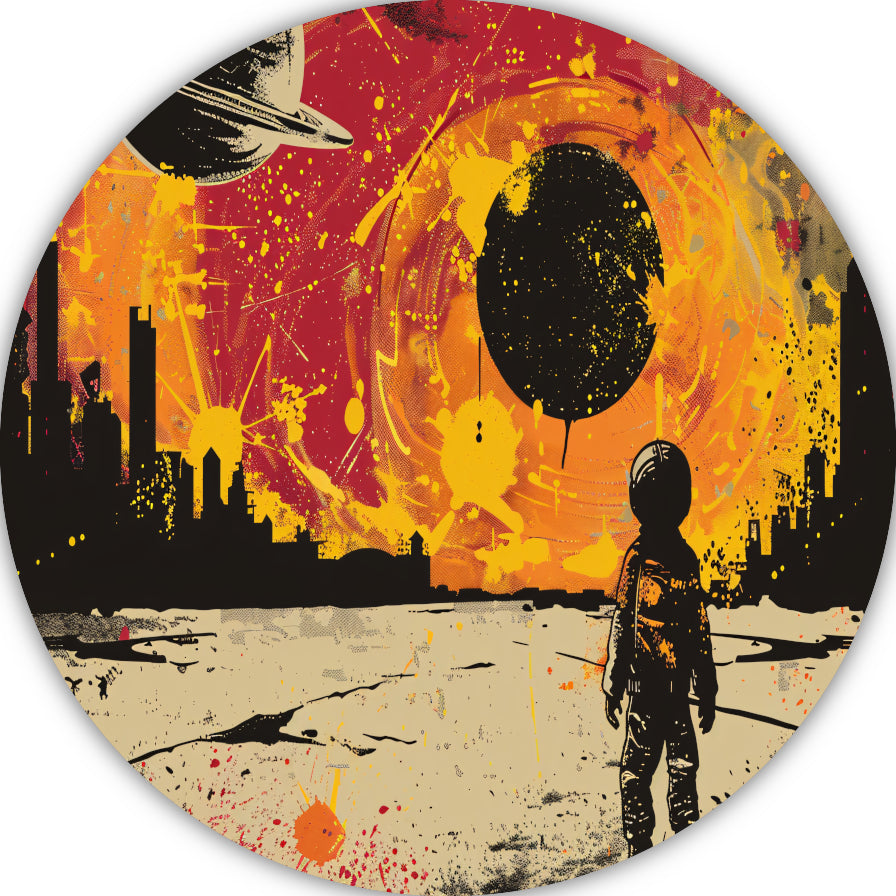 Futuristische skyline en astronaut verkenner aluminium muurcirkel