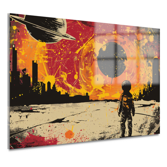 Futuristische skyline en astronaut verkenner acrylglas