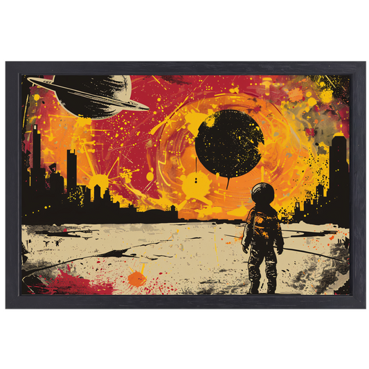 Futuristische skyline en astronaut verkenner canvas met baklijst