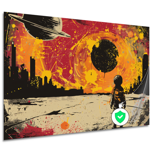 Futuristische skyline en astronaut verkenner poster