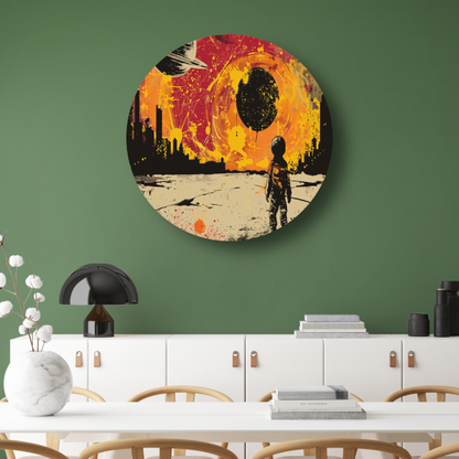 Futuristische skyline en astronaut verkenner aluminium muurcirkel