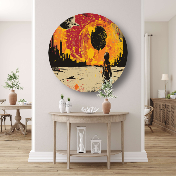 Futuristische skyline en astronaut verkenner aluminium muurcirkel