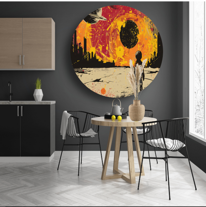 Futuristische skyline en astronaut verkenner aluminium muurcirkel
