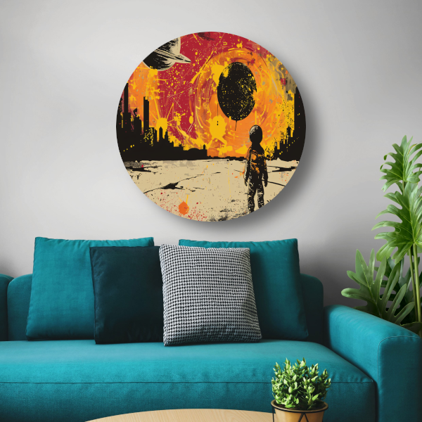 Futuristische skyline en astronaut verkenner aluminium muurcirkel