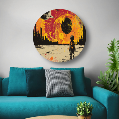 Futuristische skyline en astronaut verkenner aluminium muurcirkel