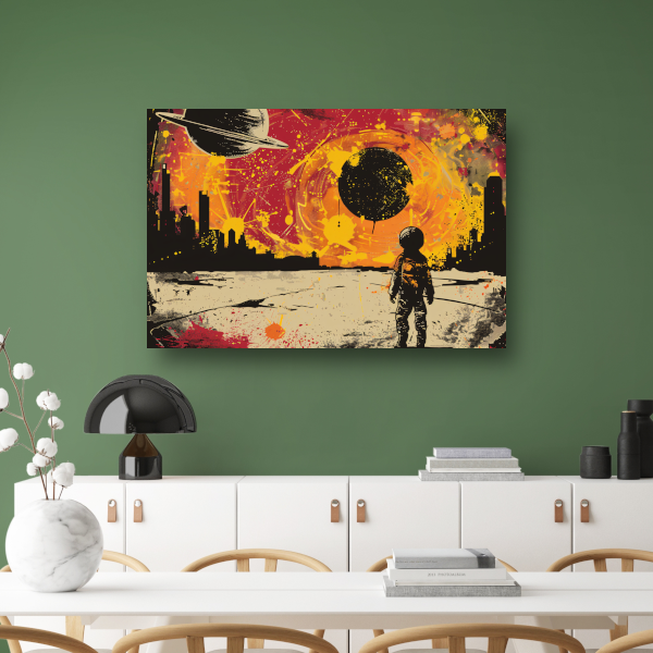 Futuristische skyline en astronaut verkenner acrylglas