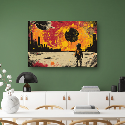 Futuristische skyline en astronaut verkenner acrylglas