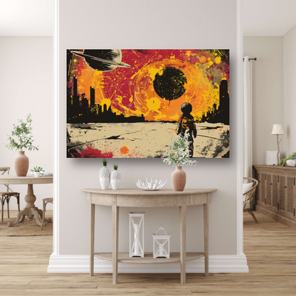 Futuristische skyline en astronaut verkenner acrylglas