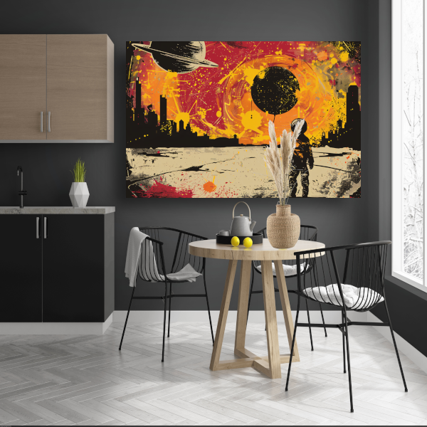 Futuristische skyline en astronaut verkenner acrylglas