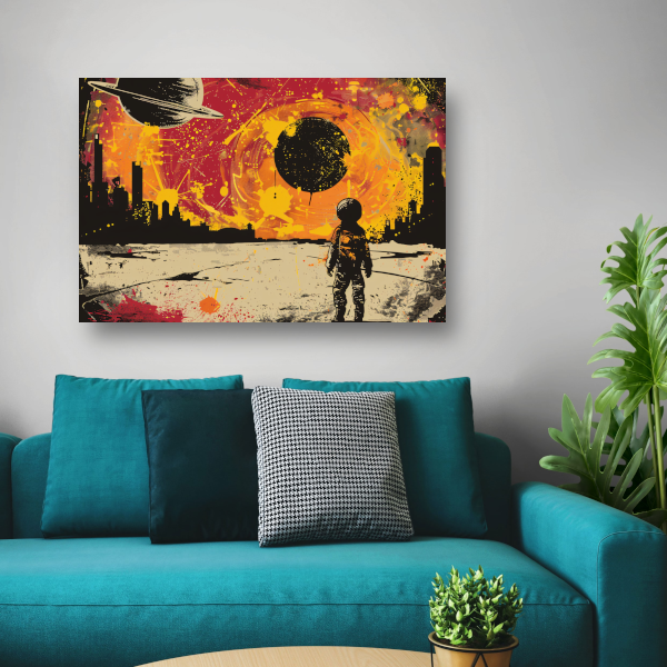 Futuristische skyline en astronaut verkenner canvas