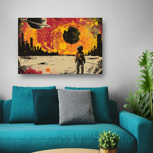 Futuristische skyline en astronaut verkenner acrylglas