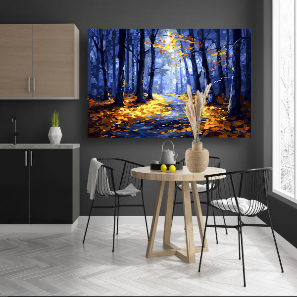 Kleurrijk herfstbos met zonlicht poster