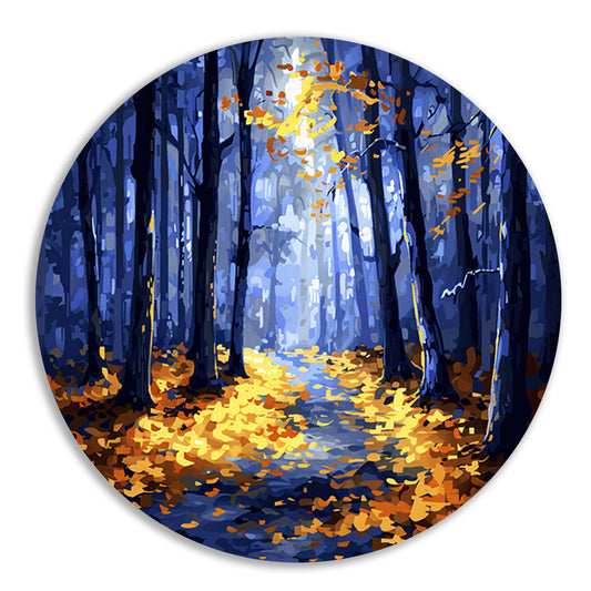 Kleurrijk herfstbos met zonlicht forex muurcirkel