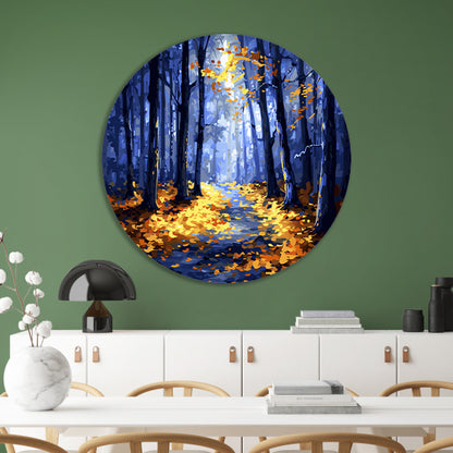 Kleurrijk herfstbos met zonlicht aluminium muurcirkel