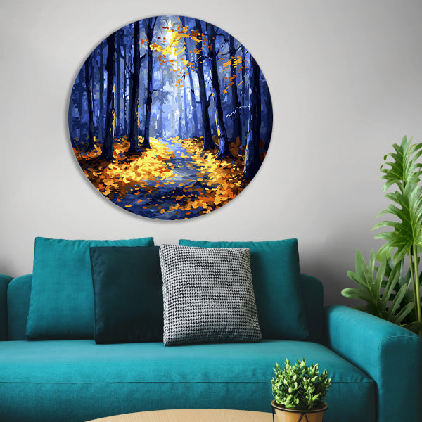 Kleurrijk herfstbos met zonlicht aluminium muurcirkel