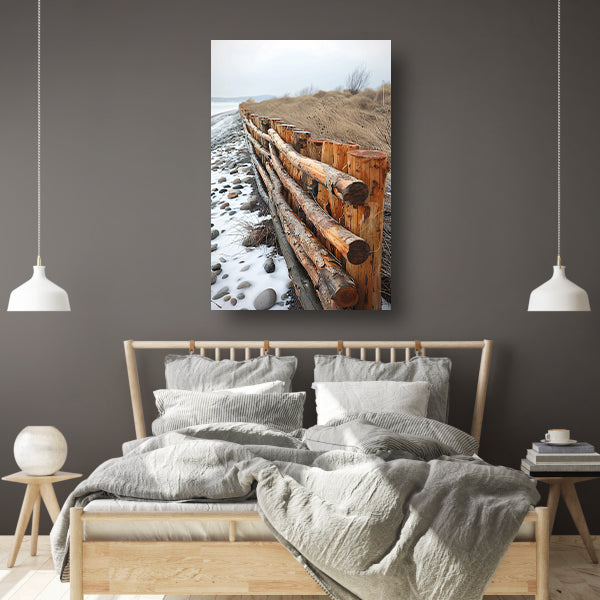 Winterkust met houten hek canvas