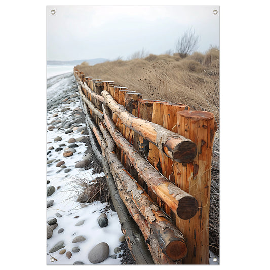 Winterkust met houten hek tuinposter
