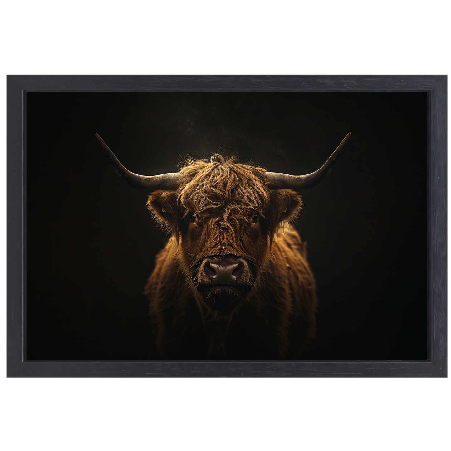 Schotse hooglander blik in het schemerlicht canvas met baklijst