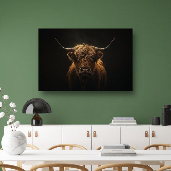 Schotse hooglander blik in het schemerlicht canvas met baklijst