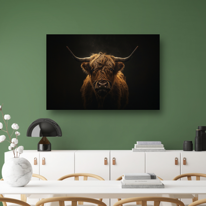 Schotse hooglander blik in het schemerlicht canvas met baklijst