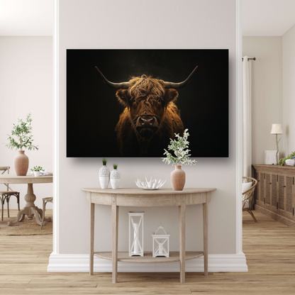 Schotse hooglander blik in het schemerlicht canvas met baklijst