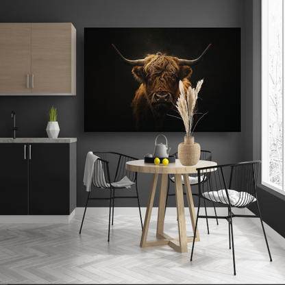 Schotse hooglander blik in het schemerlicht canvas met baklijst