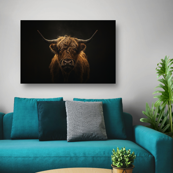Schotse hooglander blik in het schemerlicht canvas met baklijst