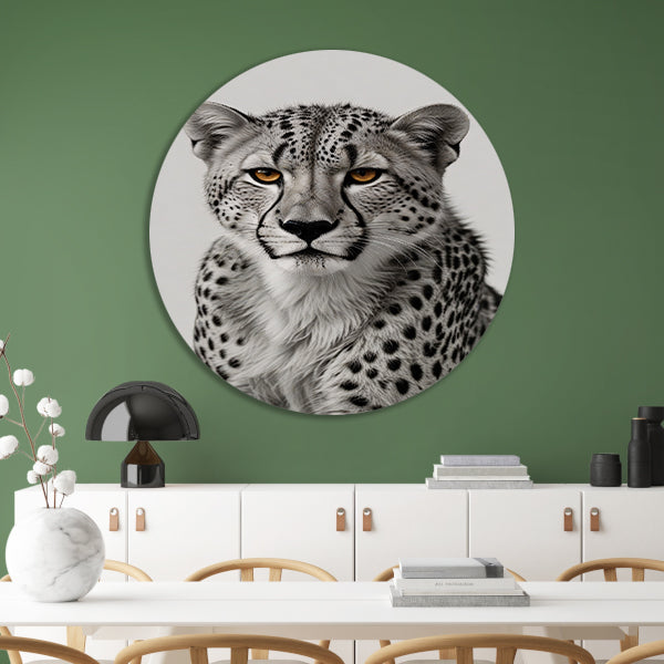 De doordringende blik van een cheeta aluminium muurcirkel