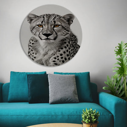 De doordringende blik van een cheeta aluminium muurcirkel