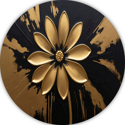 Abstracte Gouden Bloem op Zwart aluminium muurcirkel