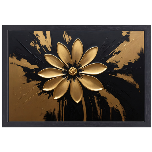Abstracte Gouden Bloem op Zwart canvas met baklijst