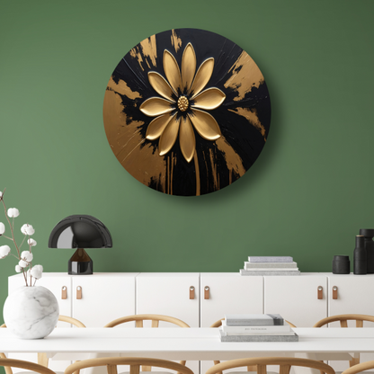 Abstracte Gouden Bloem op Zwart aluminium muurcirkel