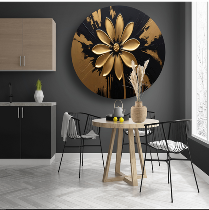 Abstracte Gouden Bloem op Zwart aluminium muurcirkel