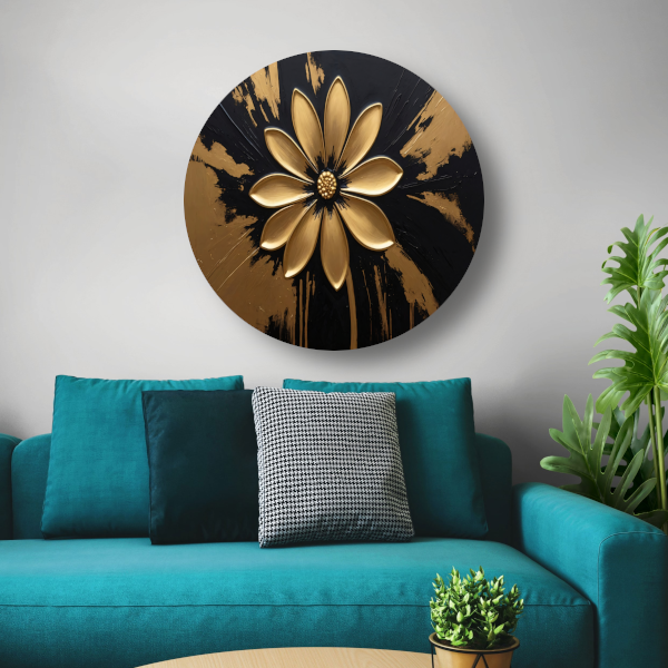 Abstracte Gouden Bloem op Zwart aluminium muurcirkel