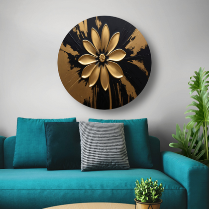 Abstracte Gouden Bloem op Zwart aluminium muurcirkel