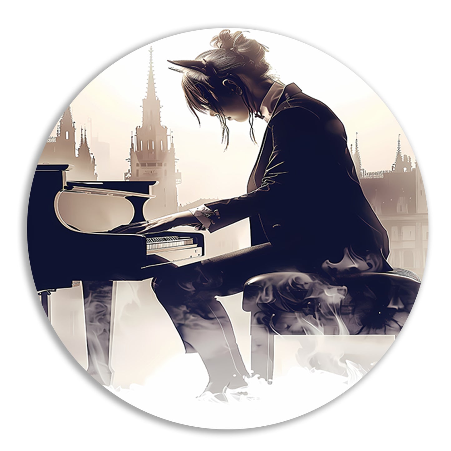 Vrouw aan Piano met Stedelijke Achtergrond aluminium muurcirkel