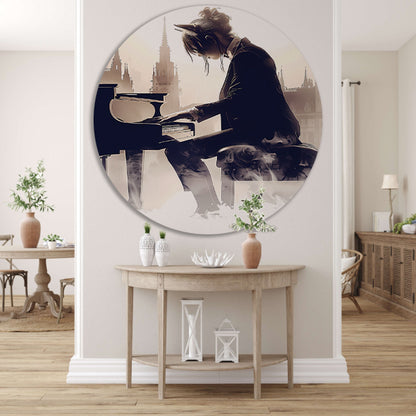 Vrouw aan Piano met Stedelijke Achtergrond aluminium muurcirkel