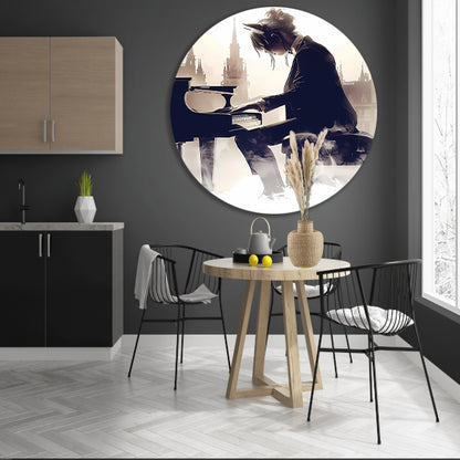 Vrouw aan Piano met Stedelijke Achtergrond aluminium muurcirkel