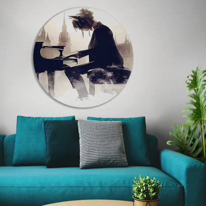 Vrouw aan Piano met Stedelijke Achtergrond aluminium muurcirkel
