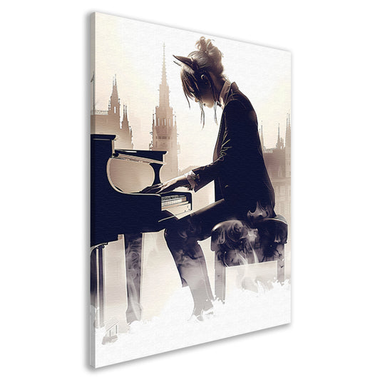 Vrouw aan Piano met Stedelijke Achtergrond canvas