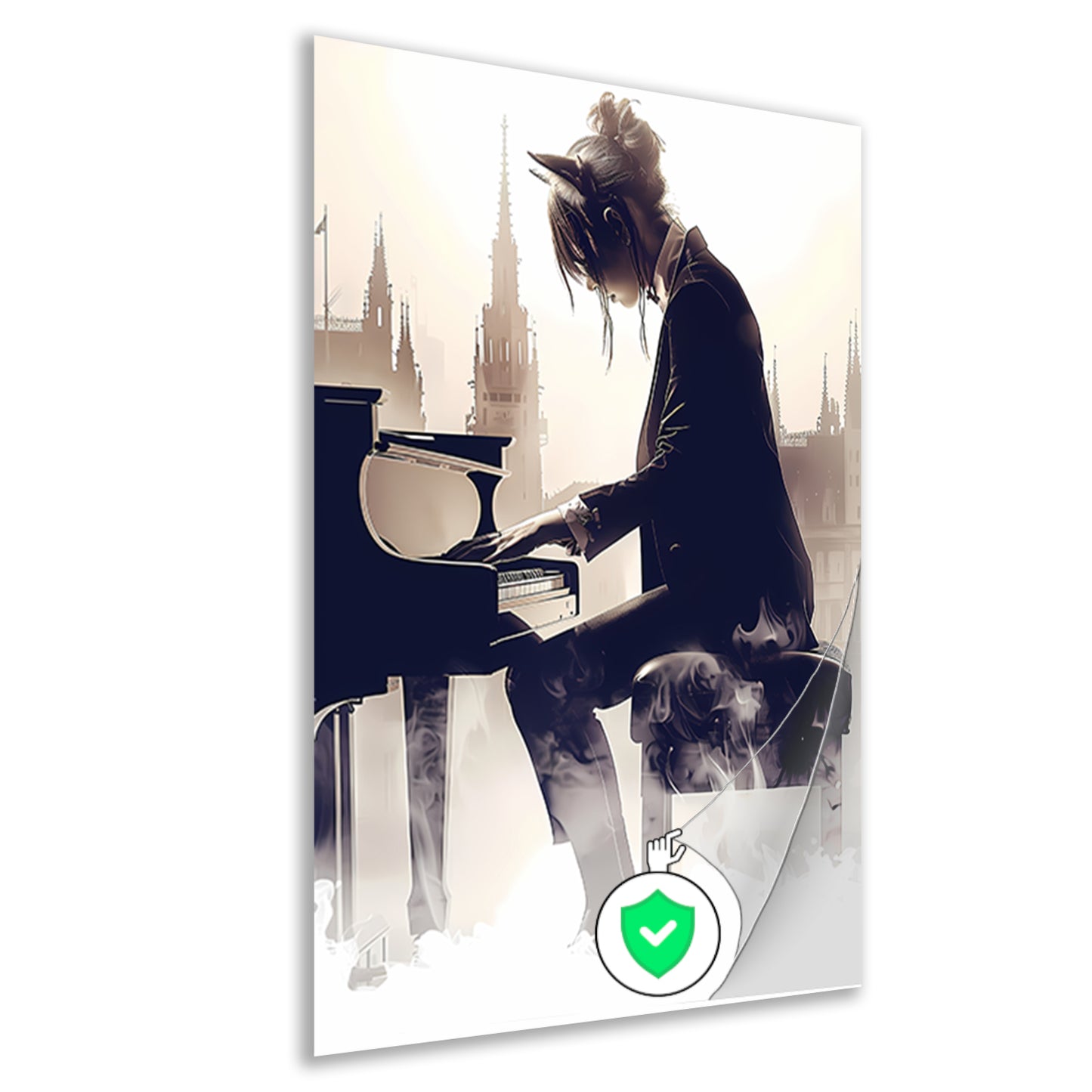Vrouw aan Piano met Stedelijke Achtergrond poster