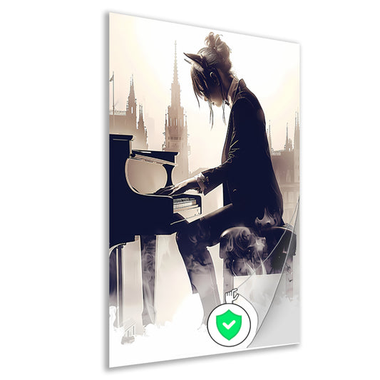 Vrouw aan Piano met Stedelijke Achtergrond poster