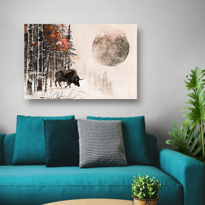 Bison in besneeuwd bos bij maanlicht acrylglas