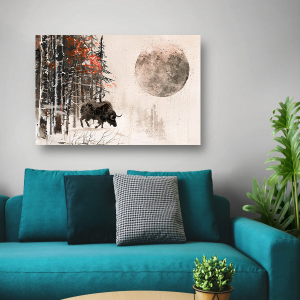 Bison in besneeuwd bos bij maanlicht canvas met baklijst