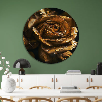 Betoverende gouden roos met ochtenddauw aluminium muurcirkel