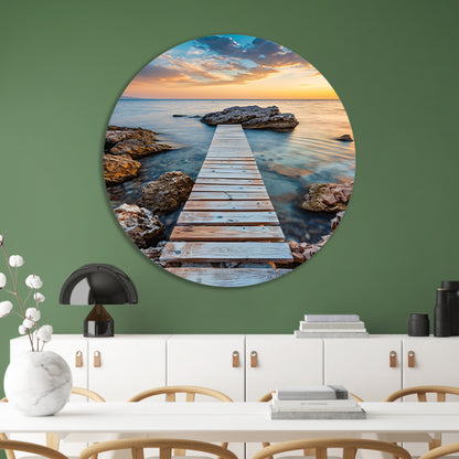 Houten Steiger met Zonsondergang aan de Kust aluminium muurcirkel