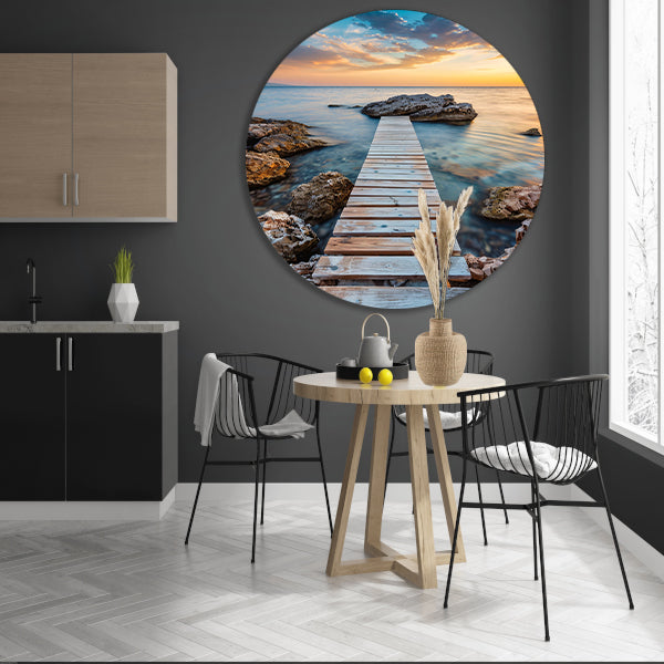 Houten Steiger met Zonsondergang aan de Kust forex muurcirkel